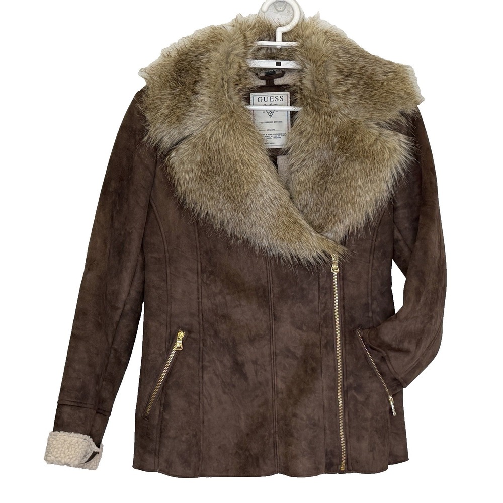 Guess Y2K Faux Suede Jacket Womens Sz Medium Brown Faux‎ Fur Collar Zip Up Biker